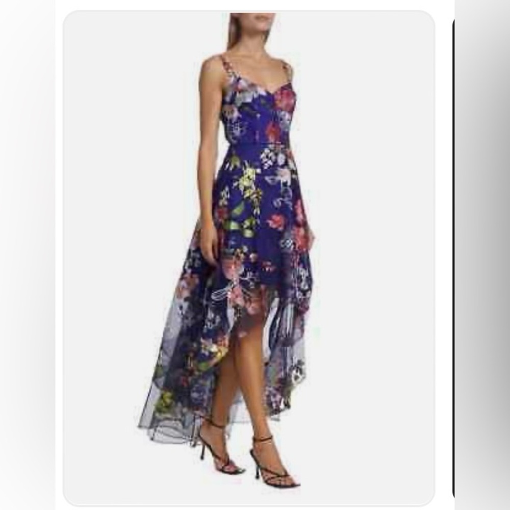 Marchesa Notte Floral Blue Embroidered Gown, Sz 14-16 NWT